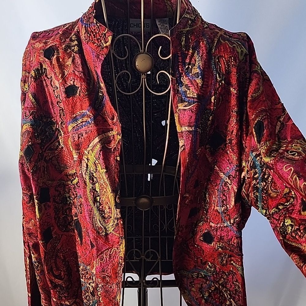 Artsy Silk Beaded Ltwt Mandarin Collar Colorful Work Of Art Size 2 Chicos Jkt